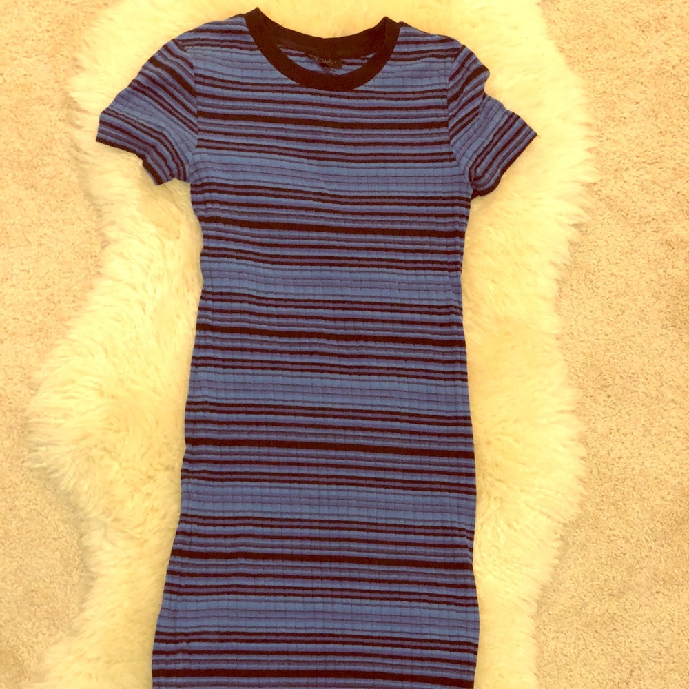 Topshop Blue and Black Striped Ribbed Midi Dress